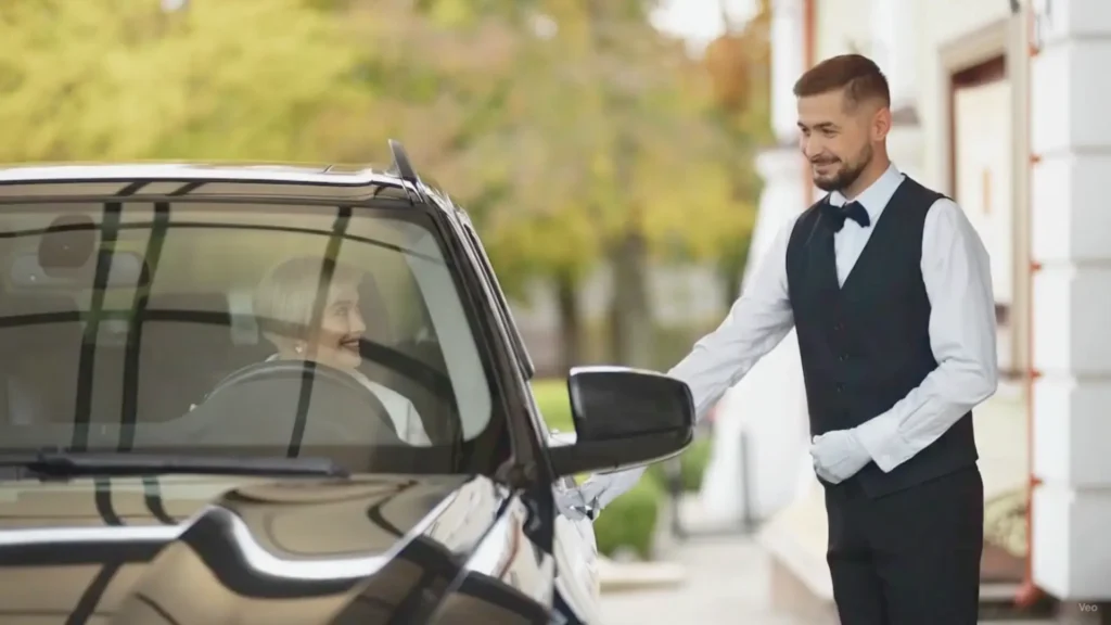 Valet attendant greeting a guest at a car in Dubai