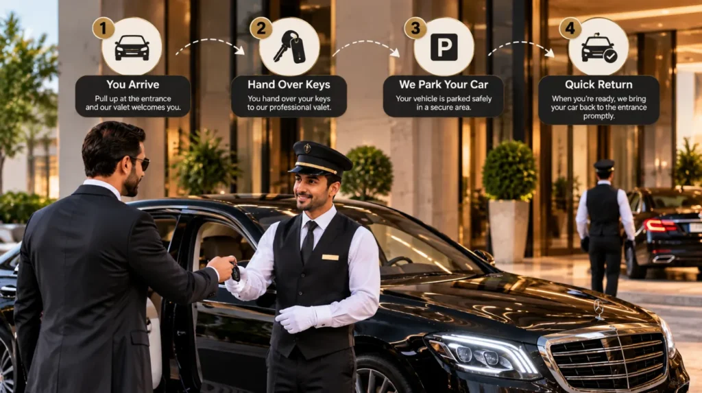 How valet parking works in four steps: arrive, hand over keys, car parked, quick return