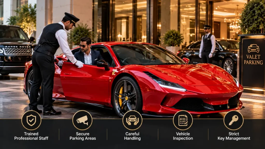 Valet assisting a guest from a Ferrari at a luxury hotel valet stand in Dubai