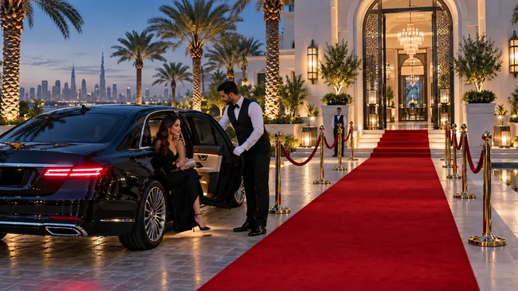 Red carpet entrance with a valet attendant at an event in Dubai
