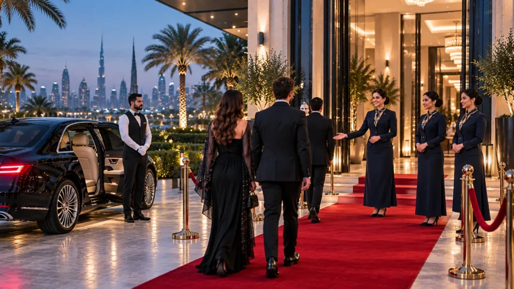 Welcome hostesses greeting guests at an event entrance in Dubai